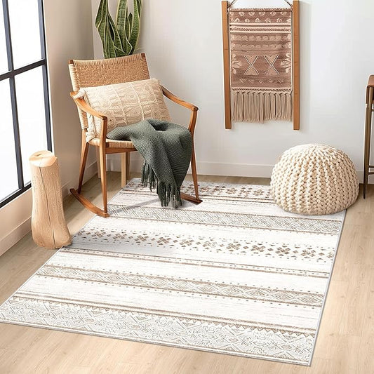 BESTSWEETIE 3x5 Area Rugs for Living Room Washable Moroccan Farmhouse Neutral Geometric Low Pile Non-Slip Soft Print Pattern Rug for Bedroom Kitchen Dining Room Entryway Cream/Brown/Pink