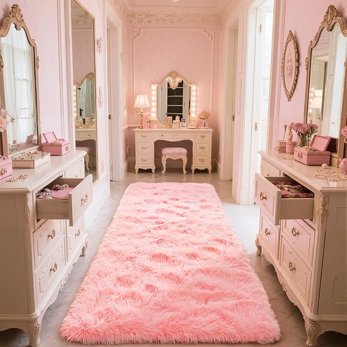 Zentavio Bedside Rugs for Girls Room 2x6 Runner Rugs for Hallway Bedroom Non Slip Fluffy Soft Shaggy Carpet for Kids Home Decor Aesthetic Dorm Nursery Pink