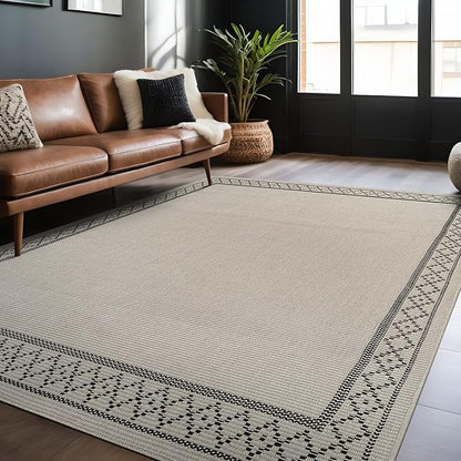Easy Jute Rugs 6x9 Frame Bone Color Living Room Indoor Outdoor Area Rug for Patio and Kitchen Rug High Traffic Washable Easy to Clean Solid Boho Woven Design Carpet (6 x 9)
