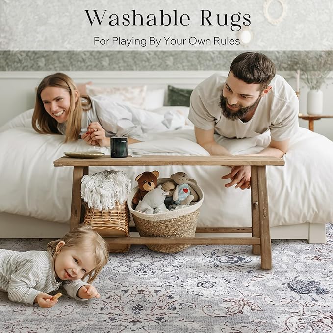 Phantoscope Washable Runner Rug 2'x10' Non-Slip, Vintage Neutral Hallway Rugs for Entryway, Stair, Bedroom, Distressed Boho Floral Medallion Pattern, Low-Pile Foldable Carpet, Light Grey/Neutral