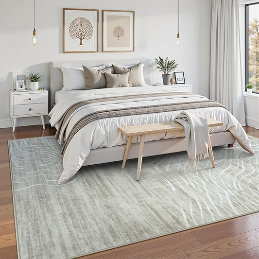 LIVEBOX Machine Washable Modern Abstract 6x9 Area Rug Clearance, Non Slip Large Bedroom Living Room Nursery Girl Rug Minimalist Wave Striped Neutral Boys Rug, Carpet for Playroom(Beige,6'x9')