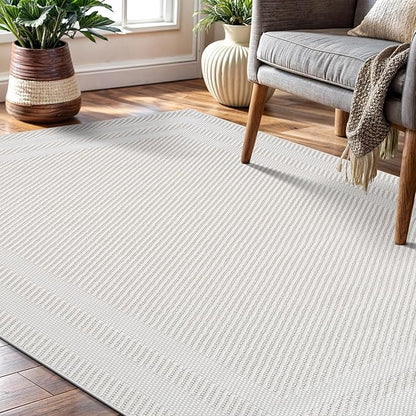 CAMILSON Micro Loop Rug 6x9 Modern Luxury Bordered Area Rugs Soft High and Low Pile Stain Resistant Easy-Cleaning Non-Shedding for Living Room Office Indoor Carpet (6 x 9 / White)