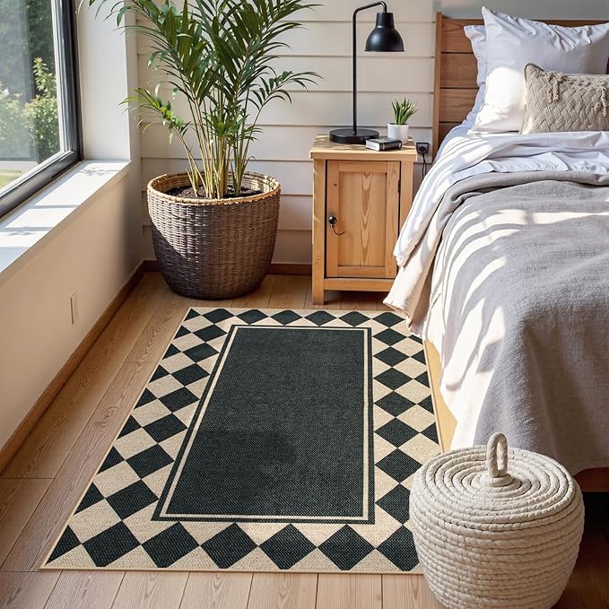 Moynesa Checkered Easy Jute Outdoor Patio Rug 3x5, Washable Indoor Outdoor Rugs for Entryway Non Slip, Farmhouse Carpet for Living Room Bedroom Kitchen Backyard Porches, Black Grid Pattern