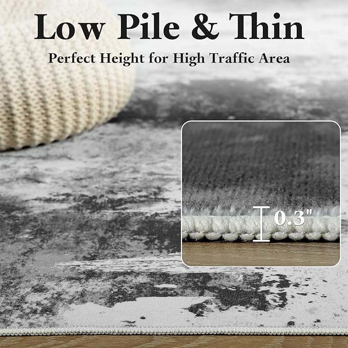 Washable Abstract Rug, 5x8 Modern Area Rugs with Non-Slip Rubber Backed for Living Room, Thin but Soft Contemporary Carpet Kitchen Bedroom Dining Room Decor, Black Grey