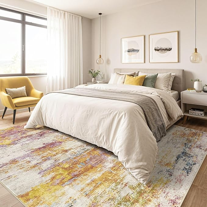 5x7 Area Rugs Living Room: Machine Washable Large Abstract Modern Soft Rug Stain Resistant Indoor Floor Non-Slip Accent Carpet for Bedroom Nursery Playroom Office Dining Room Dorm- Gold Colorful