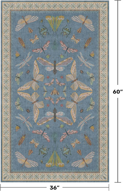 Insect 3x5 Washable Stain Resistant Rugs for Large Kitchen, Ultra Soft Faux Wool Rugs for Kids Bedroom Beside Bed, Non Slip Entry Rug, Low Pile Fade Resistant, Dusty Blue