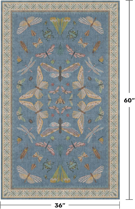 Insect 3x5 Washable Stain Resistant Rugs for Large Kitchen, Ultra Soft Faux Wool Rugs for Kids Bedroom Beside Bed, Non Slip Entry Rug, Low Pile Fade Resistant, Dusty Blue