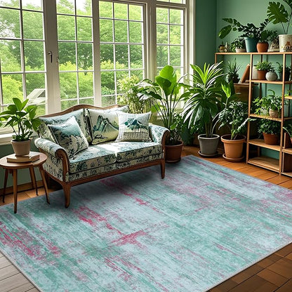 9x12 Abstract Area Rugs for Living Room, Modern Washable Indoor Rug for Bedroom, Thin Soft Large Non-Slip Carpet for Dining Room Home Office Farmhouse Decor - Abstract Green Red