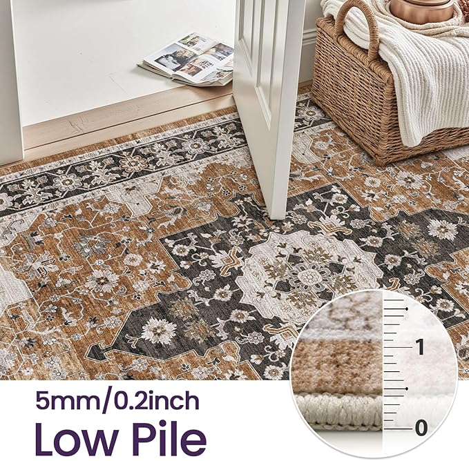 DEXI 10x14 Area Rug for Living Room, Washable Vintage Farmhouse Thin Rug Indoor Floor, Non Slip Stain Resistant Low Pile Carpet for Dining Room Bedroom Office, Brown