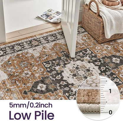 DEXI 5x8 Area Rug for Living Room, Washable Vintage Farmhouse Thin Rug Indoor Floor, Non Slip Stain Resistant Low Pile Carpet for Dining Room Bedroom Office, Brown