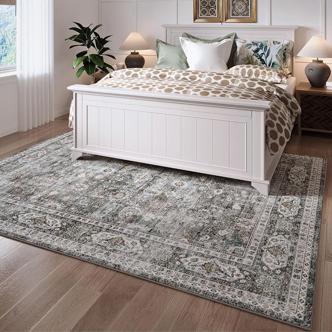 Rugcomf 9x12 Rug Washable Boho Soft Large Area Rug Non-Slip Faux Wool Vintage Rug for Living Room, Farmhouse, Dining Room, Indoor, Kids Playroom (Grey)
