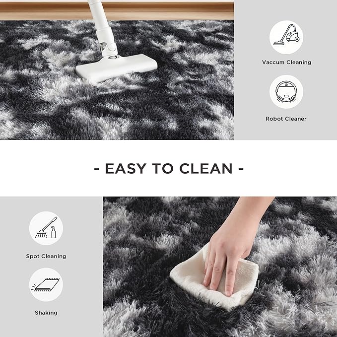 Andency Soft Area Rugs for Living Room Bedroom, 4x6 Fluffy Shaggy Bedside Rug, Non-Slip Large Shag Fuzzy Plush Carpets for Bedroom Kids Dorm Nursery Home Decor Aesthetic, Tie-Dyed White Black