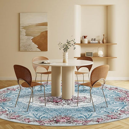 Easy-Going Round Rug 6ft Area Rug Washable Floral Circle Rugs for Living Room Non-Slip Bedroom Rug Low Pile Lightweight Retro Flowers Throw Rug for Dining Room Kitchen Home Home Office, Teal Red