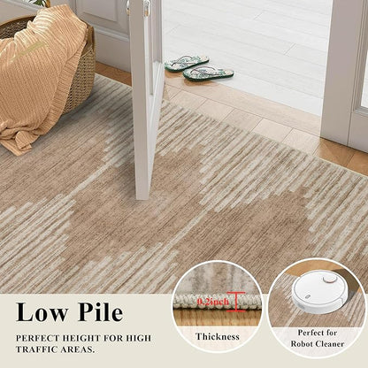 HelloTree Hallway Runner Rug,2.6x8 Moroccan Modern Stripe Carpet Washable Machine Bathroom Runner Bohemian Modern Soft Non Slip Indoor Rug for Entryway Hallway Laundry Room Bedroom-Pink&Khaki