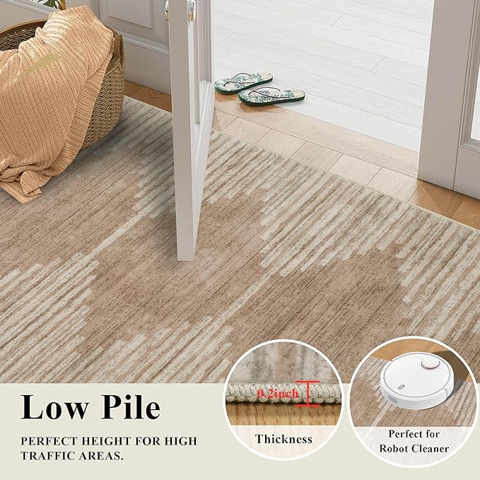 HelloTree Hallway Runner Rug，2x6 Moroccan Modern Stripe Carpet Washable Machine Bathroom Runner Bohemian Modern Soft Non Slip Indoor Rug for Entryway Hallway Laundry Room Bedroom-Pink&Khaki