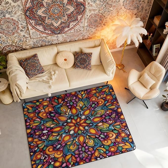 Vintage Mandala Large Area Rug 5x7 Bohemian Style Watercolor Flowers Living Room Rug | Boho Floral Rugs for Bedroom, Victorian Decor Antique Damask Carpet Indoor Floor Mat