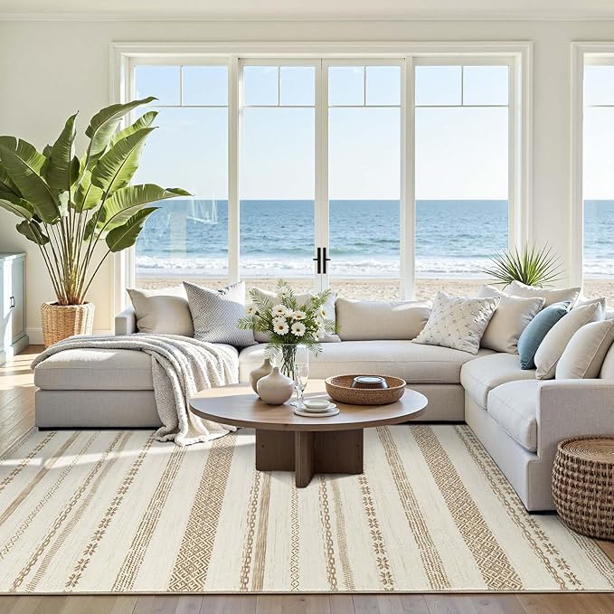 jinchan Moroccan Boho 6x9 Area Rugs for Living Room - Machine Washable Soft Throw Rug Bohemian Ripple Design Non-Slip Neutral Carpet for Bedroom Dining Room Home Office (6‘x9', Beige)
