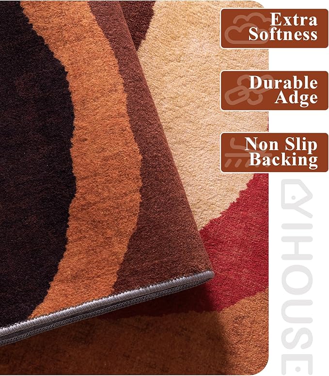 YIHOUSE Burnt Orange Rug 8x10 Washable,Alfombras para Salas,Farmhouse Brown Retro Carpets,Geometric Abstract Wavy Rug for Living Room,Unique Colorful Rugs for Bedroom,Dining Room