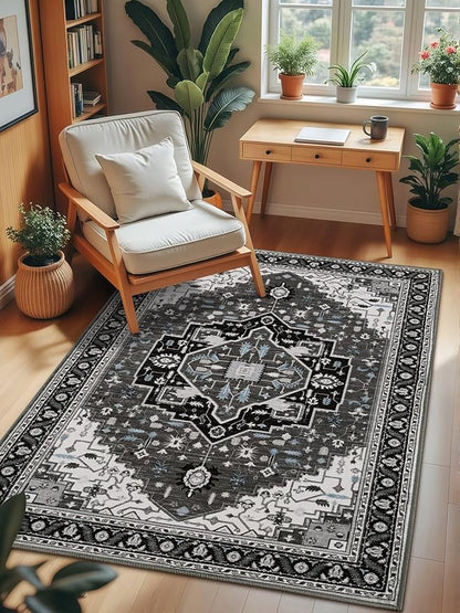 3x5 Black Grey Area Rug for Living Room, Machine Washable Rugs with Non-Slip Backing for Bedroom, Vintage Medallion Carpet Kitchen Laundry Kids Room Decor
