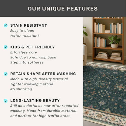 Dark Green Oushak 3x6 Kitchen Rug - Modern Vintage Boho Floral Moody, Washable Low Pile Non-Slip Area Rugs for Large Entryway, Door Mat Indoor Entrance, Kitchen, Bedroom Beside Bed