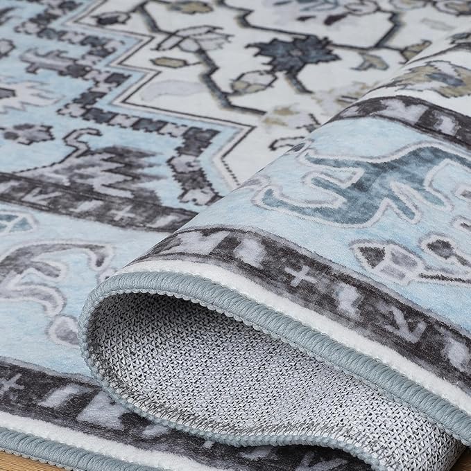 Washable Area Rugs 5x7, Low Pile Soft Vitnage Distressed Rug for Bedroom, Living Room, Dining Room, Non-Slip, Low Pile, Blue