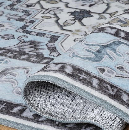 Washable Area Rug 3x5 , Low Pile Super Soft Carpet, Vitnage Distressed Rug for Bedroom, Living Room, Dining Room, Non-Slip, Low Pile, Blue