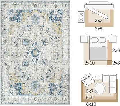 jinchan Area Rug 8x10 Washable Living Room Rug Vintage Indoor Large Floor Cover Distressed Lightweight Non-Slip Low Pile Thin Mat Stain Resistant Carpet for Bedroom Dining Room Office Light Blue
