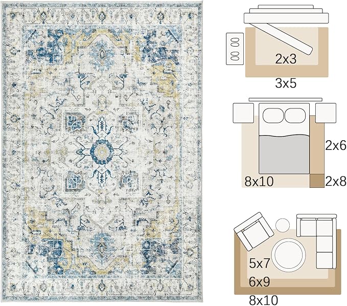 jinchan Kelda Area Rug 6x9 Washable Living Room Rug Vintage Indoor Large Floor Cover Distressed Lightweight Non-Slip Low Pile Thin Mat Accent Stain Resistant Carpet for Bedroom Office Light Blue