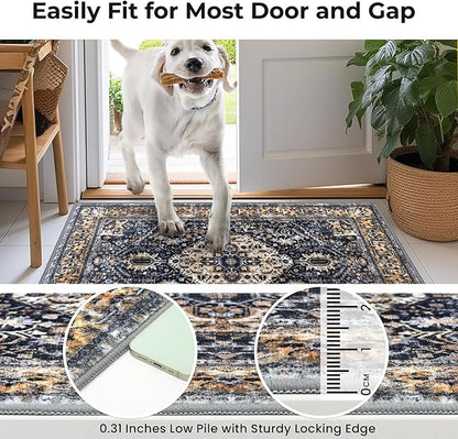 KOZYFLY Boho Area Rug 9x12 Ft Thin Rugs for Living Room Washable Bedroom Rug Non Slip Rugs for Living Room Gold Navy Printed Faux Wool Vintage Bedroom Rug Floor Carpet for Dining Room