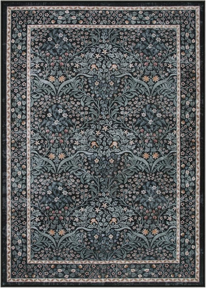 Lahome Floral Area Rugs 5x7, Soft Washable Rugs for Living Room Bedroom, Boho Non Slip Low Pile Forest Design Large Throw Carpet for Farmhouse Dining Room Office, Black