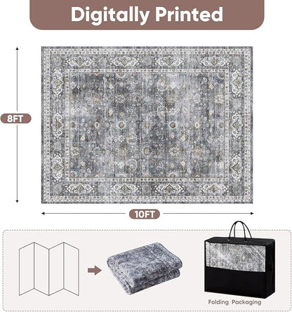 Rugcomf 8x10 Rug Washable Boho Soft Large Area Rug Non-Slip Faux Wool Vintage Rug for Living Room, Farmhouse, Dining Room, Indoor, Kids Playroom (Grey)
