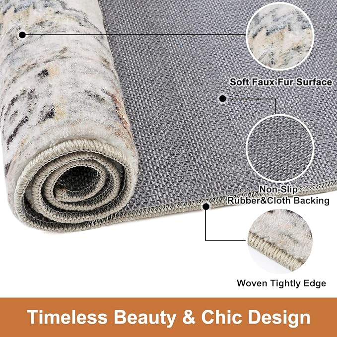 COMSLE Area Rug 3x5 Faux Wool Rugs for Kitchen, Boho Washable Throw Rugs Non-Slip Distressed Carpet Soft Accent Floor Rug for Bedroom, Living Room, Laundry Room (Khaki)