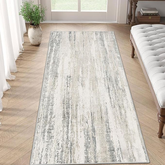MUJOO Washable Runner Rug 2x6,Modern Abstract Area Rugs for Hallways Kitchen Bedroom Entryway Bathroom Laundry,Non Slip Carpet Long Mat Indoor,Low Pile Throw Rug Accent Neutral Beige and Grey