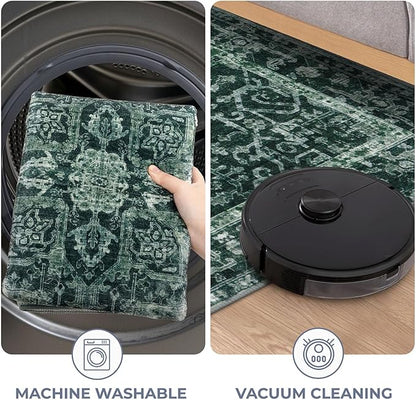 KOZYFLY Area Rug 9x12 Ft Thin Rugs for Living Room Washable Bedroom Rug Non Slip Rugs for Living Room Printed Faux Wool Vintage Bedroom Rug Floor Carpet for Dining Room, Dark Green