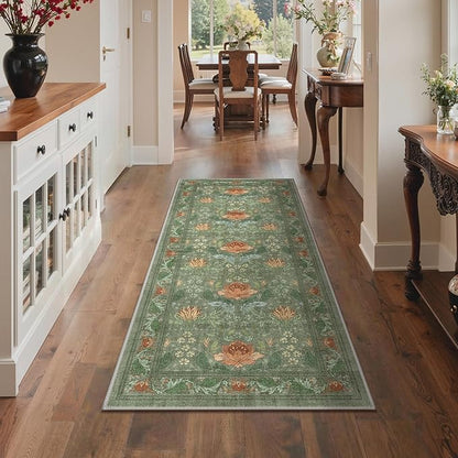 Bavni 2'6''x6 Runner Rug,Microfiber Washable Non-Slip Vintage Floral Rugs,Low Pile Lightweight Carpet for Bedroom,Hallway,Entryway,Kitchen,Bathroom, Bean Green