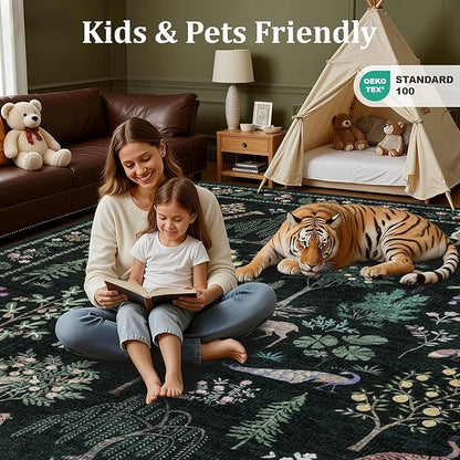 8x10 Area Rugs Living Room Rug: Vintage Washable Rug Floral Soft Carpet Indoor Floor Non-Slip Boho Stain Resistant Large Carpets for Bedroom Kids Nursery Dining Room Farmhouse Home Office Green