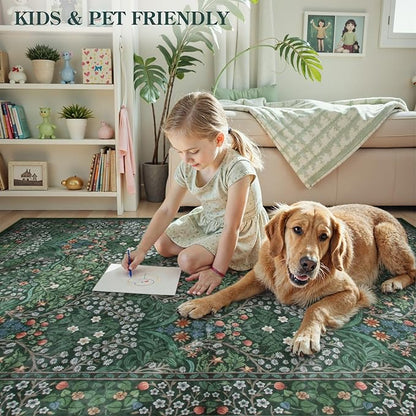 Lahome Floral Washable Round Rugs, Non-Slip Soft Round Rug 4ft Ultra-Thin, Small Stain Resistant Boho Circle Carpet for Entryway Kitchen Bedroom Nursery Bathroom, Dark Green