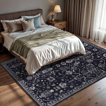 GLN Rugs Traditional Collection - Machine Washable Area Rug, Traditional Washable, Non Slip, Low Pile Chenille Rug, Living Room, Bedroom, Kitchen Rug (4' x 6' Black)