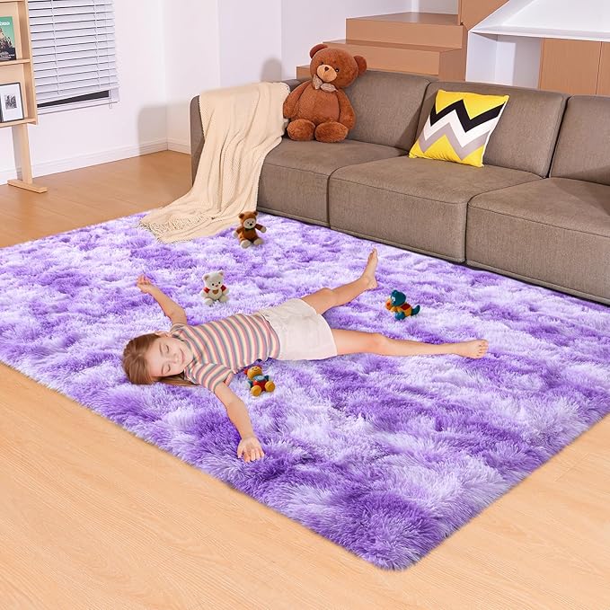 5x7 Area Rugs for Living Room, Fluffy Large Rugs for Bedroom, Soft Shag Fuzzy Non-Slip Carpet for Kids Boys and Girls Nursery Room Dorm Indoor Home Decor (Tie-Dyed Purple, 5ft x 7ft)