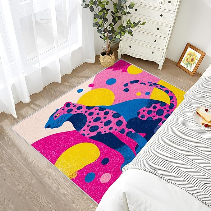 Leopard Washable Rugs - 5x8ft - Colorful Abstract Geometric Animal Pop Art Rugs for Living Room Non Slip Low Pile Area Rug for Bedroom, Leopard Carpets Room Decor & Gifts