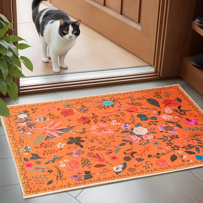 Boho Floral Entryway Rug 2x3, Washable Small Mat for Bathroom and Kitchen, Non Slip Front Door Mat Indoor Entrance, Vintage Style Flower Mat with Rubber Backing, Soft Area Rug for Entry Way (Orange)
