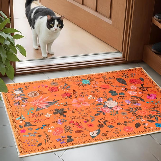 Boho Floral Entryway Rug 2x3, Washable Small Mat for Bathroom and Kitchen, Non Slip Front Door Mat Indoor Entrance, Vintage Style Flower Mat with Rubber Backing, Soft Area Rug for Entry Way (Orange)