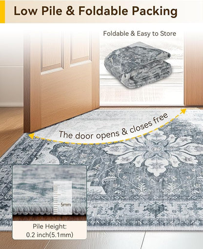 Area Rugs 6ft Washable Non-Slip, Floral Vintage Distress Print Pattern Medallion Carpet for Living Room Bedroom Dining Room, Light Gray Grey White