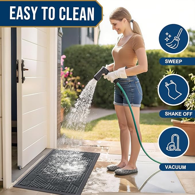 Kitinjoy Front Door Mat Outside Entrance, Sturdy Natural Dirt Trapper, Heavy Duty Rubber Doormat, Low Profile Non-Slip Backing, Easy Clean Floor Mat for Indoor Outdoor Entry, 35X23 Inch, Grey