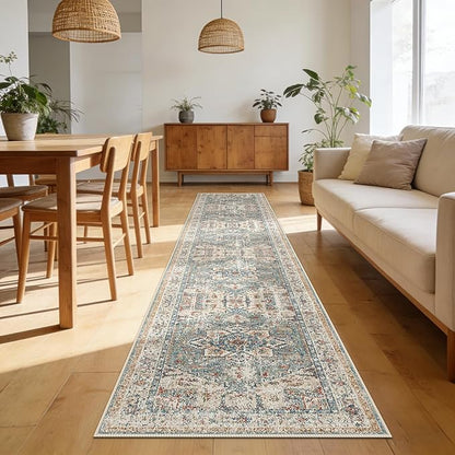 Enkor Runner Rugs for Hallway, 2.6x13 Washable Soft Boho Non Slip Floor Rugs for Kitchen, Modern Mat for Living Room Bedroom Entryway Beige & Green