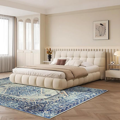 Easy-Going Large 8x10 Washable Boho Area Rug for Living Room Non-Slip Bedroom Rug Low Pile Lightweight Medallion Distressed Throw Carpet for Dining Room Kitchen Home Office, Vintage Blue Cream