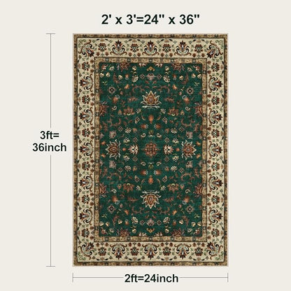 Tangsoo 2x3 Washable Rugs for Entryway, Small Area Vintage Floral Rug Non-Slip Soft Low Pile Rugs, Small Carpet Door Mat, Front Door Indoor Throw Rug for Entrance Kitchen Entry, Home Decor Green