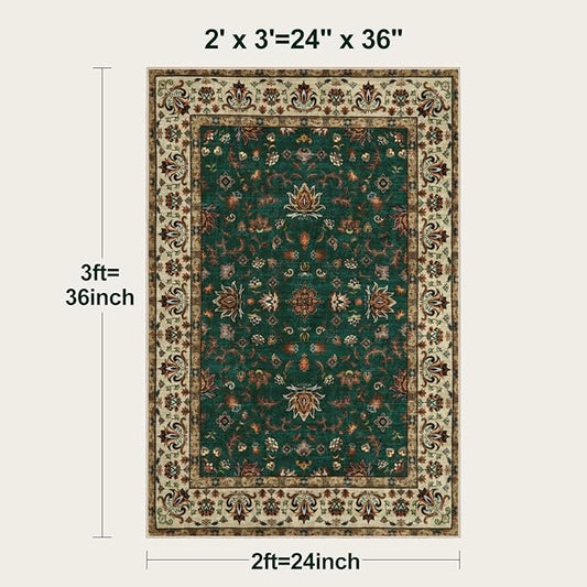 Tangsoo 2x3 Washable Rugs for Entryway, Small Area Vintage Floral Rug Non-Slip Soft Low Pile Rugs, Small Carpet Door Mat, Front Door Indoor Throw Rug for Entrance Kitchen Entry, Home Decor Green