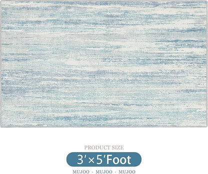 MUJOO 3x5 Rug Washable,Entryway Rug Small Area Rugs for Bedroom Living Room Kitchen Bathroom,Modern Abstract Non Slip Carpet,Indoor Entry Mat,Low Pile Throw Rug Accent Blue