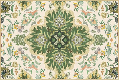 Phantoscope Washable Area Rug 4'x6' Non-Slip, Vintage Boho Rugs for Living Room, Bedroom, Dining Room, Neutral Green Floral Medallion Pattern, Low-Pile Foldable Floor Carpet, Forest Green/Cream